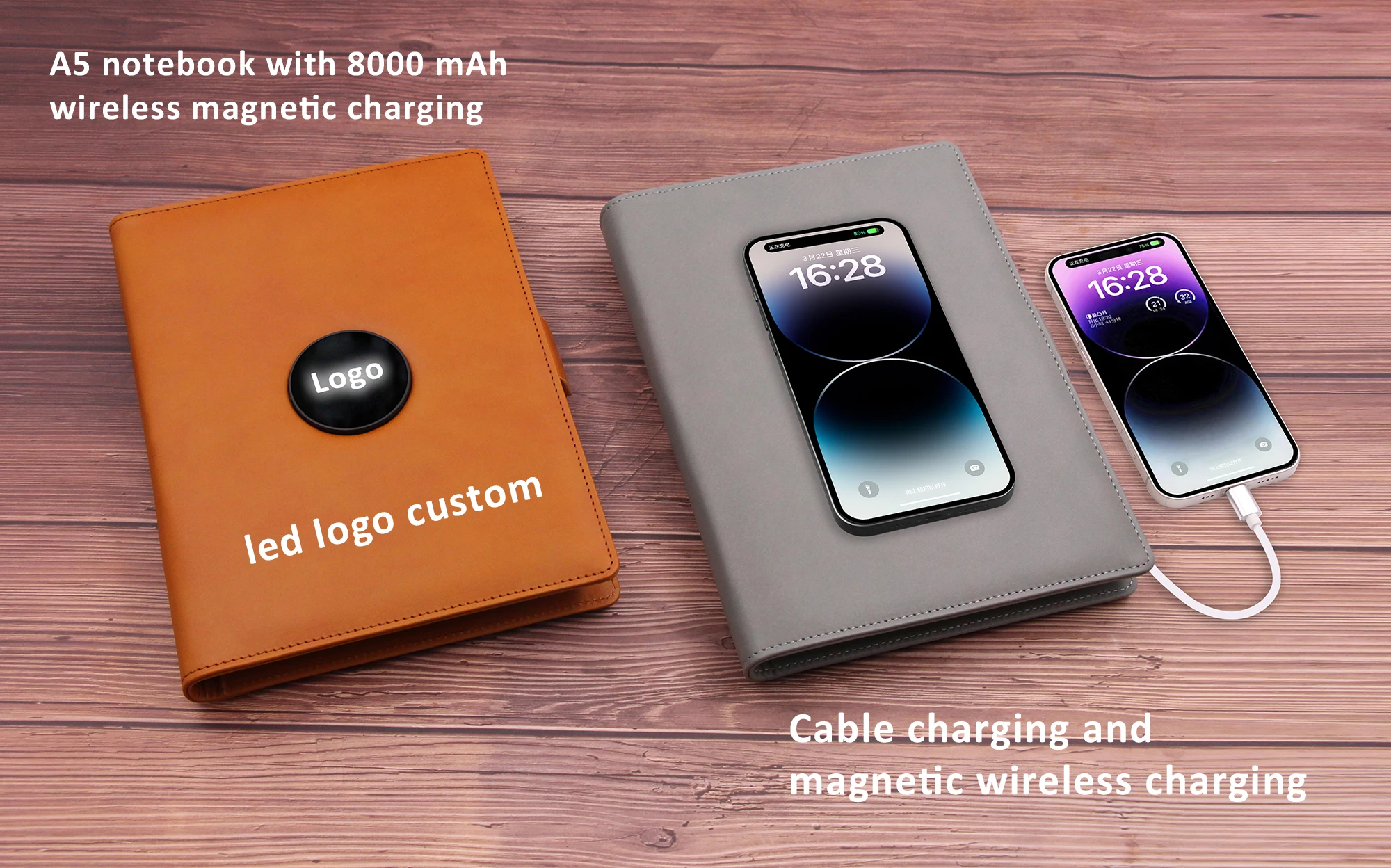Luxury Gift Set Custom Led Logo 8000mah Powerbank A5 Business Leather Notebook Magnetic Wireless Charger Power Bank