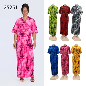 New Wholesale Summer Tie-dye Printed Pleated Retro Short Sleeve Lapel Elegant Fashion Dress