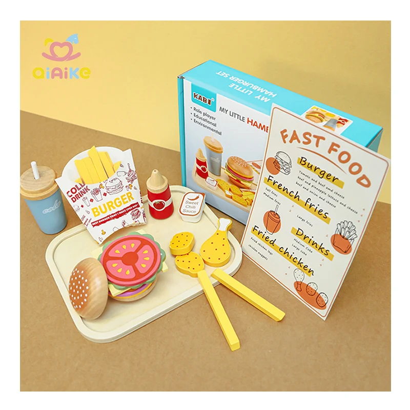 Early Education Interactive Kitchen Food Toys Simulation Wooden Pretend Play Fast Food Hamburger Set Toys Gift for Boys Girls