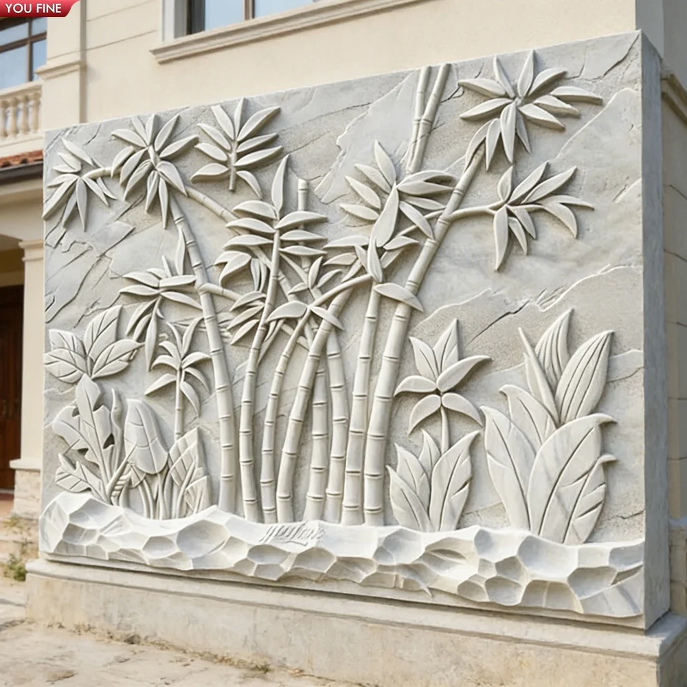 YOUFINE手彫り白大理石竹レリーフパネル伝統的な中国風壁飾り、別荘の