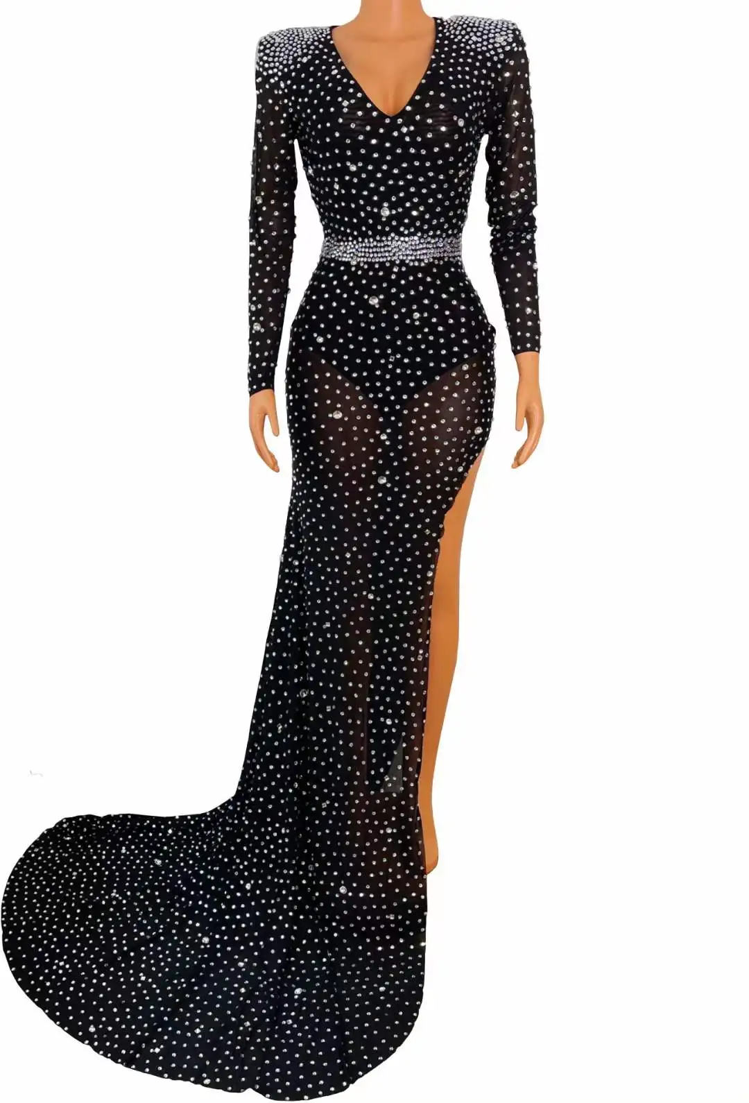 Luxury Shoulder Pads Asymmetrical High Slit Rhinestones Crystal Wedding  Party Trailing Dress Women Long Prom Dress Evening Gown| Alibaba.com