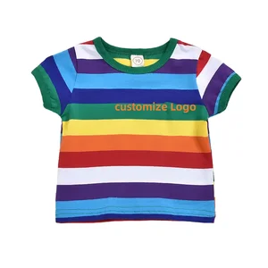 Summer Customizable 100% Cotton T Shirt Children Rainbow Color Shirt With Patchwork Short Sleeve Boys T-Shirts