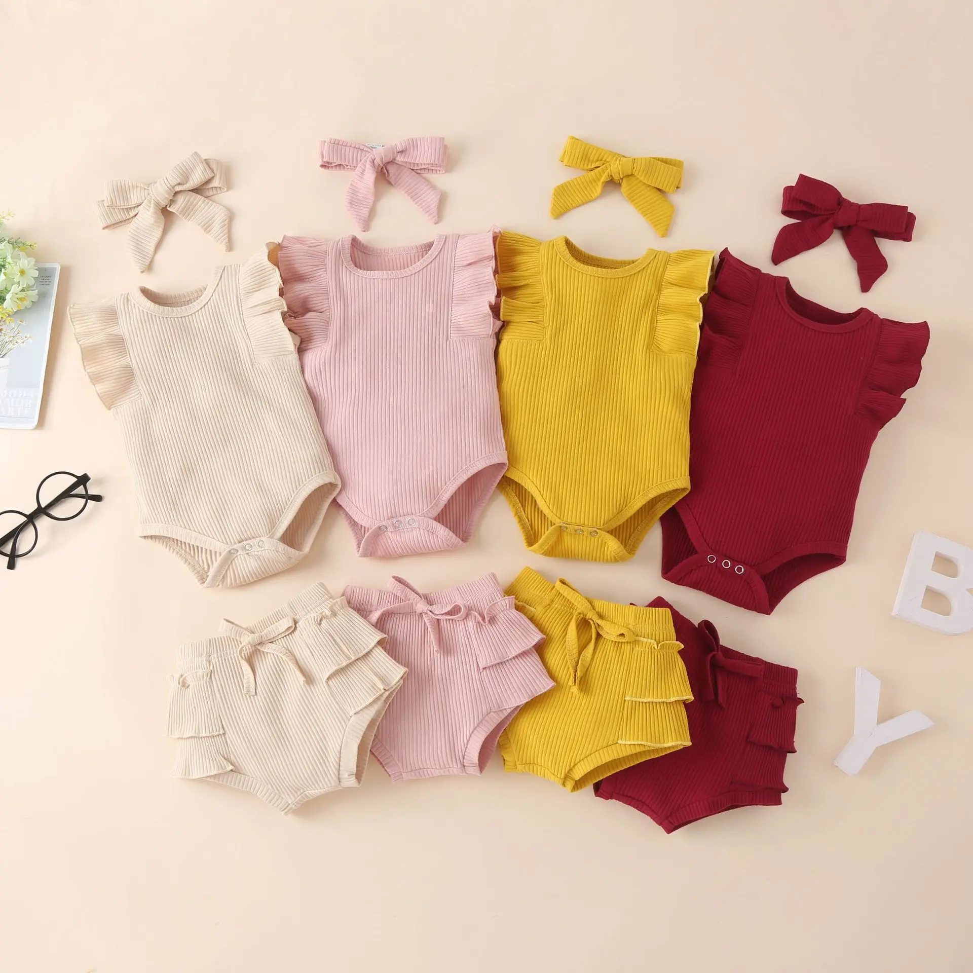 Summer Newborn Baby Girl Ribbed Clothes Sleeveless Solid Flutter Ruffle Romper+bummies Bloomer