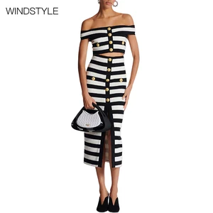 Bandage Striped Collar Short Coat with Overskirt Suit Metal Button Fashionable Casual Knitting Tops Long Length for Summer