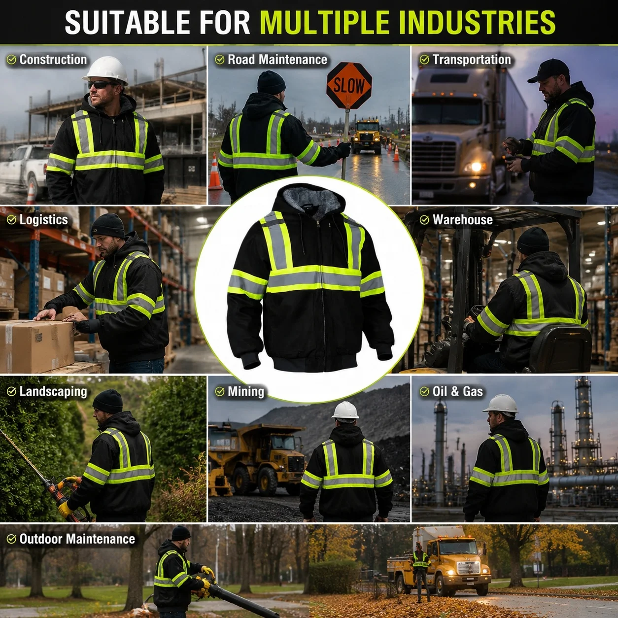 Custom Logo High Visibility Reflective Safety Hoodie Sweatshirt Zip up Fleece Lined Workwear for Construction