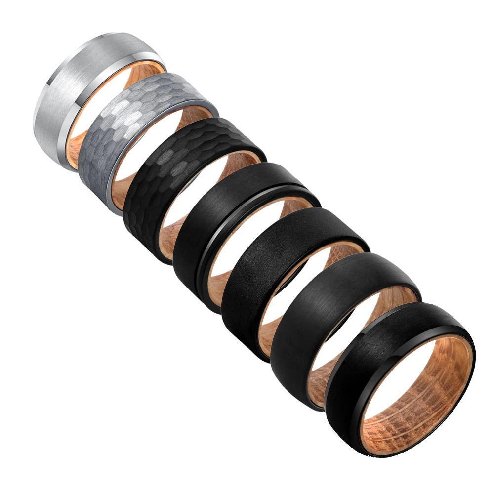 Poya 8mm Plain Beveled Hammered Brushed Domed Grooved Sandblasted Whiskey Barrel Wood Liner Silver Black Tungsten Carbide Rings