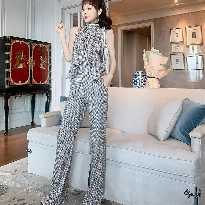 Linen Piece Summer Set For Women Halter Top Flare Pants