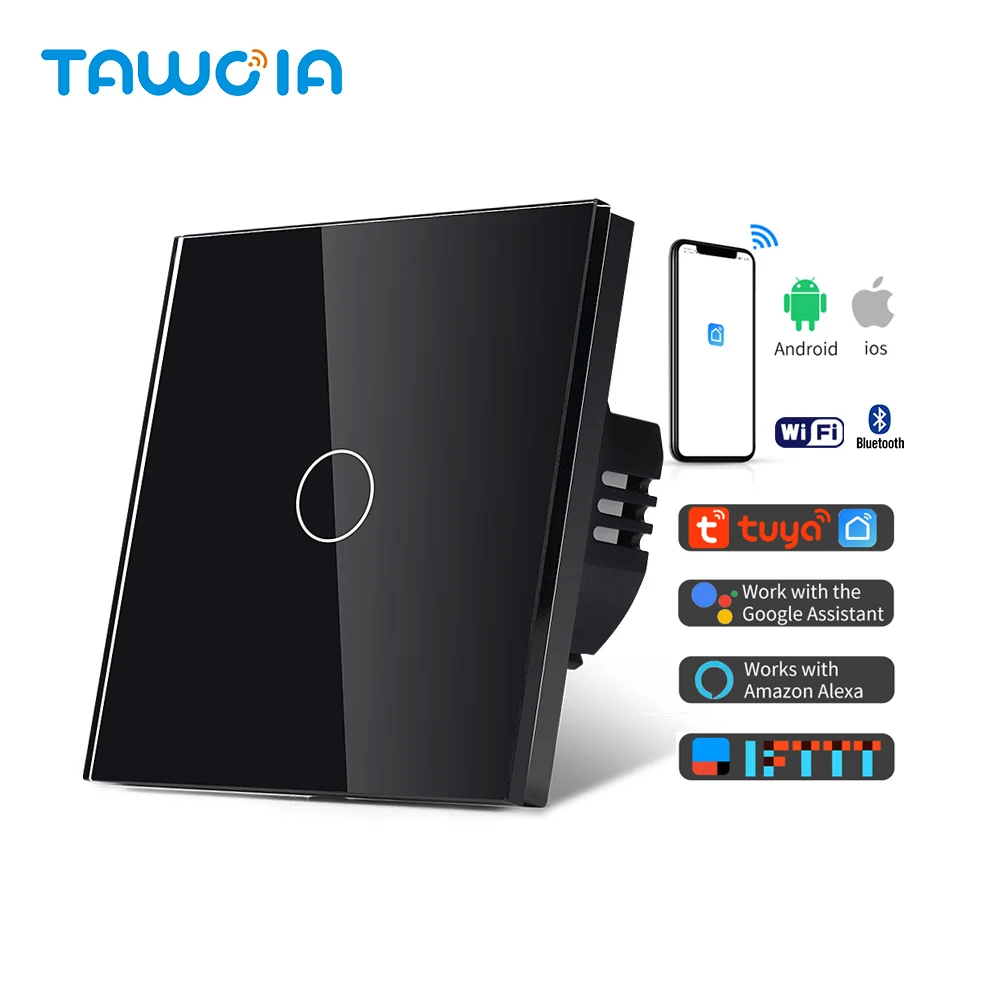 TAWOIA Wifi Voice Control Alexa Gang 86MM EU Square Glass Panel Wall  Smart Switch Tuya Smart Life Wall Switch for Home