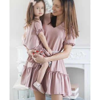 Mother Daughter Matching Clothes 100% Linen Fabric Ruffle Maxi Dress Midi Dress Elegant Wholesale Mommy and Me Dresses