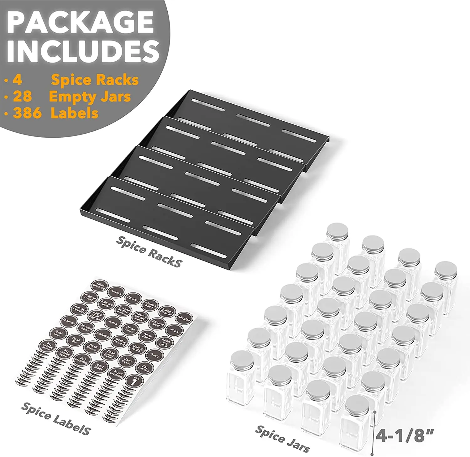4 Tier Horizontal Spice Drawer Organizer with 28 Spice Jars 386 Labels ...
