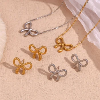 Minimalist Jewelry Bow Knot Earrings 18K Gold Plated Jewelry Set 316l Stainless Steel Necklace And Earring Set
