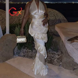 GX3303 Luxury Quality Women Sexy Sleeveless Halter Deep V-neck Party Long Dress Slim Fit Ruffled Unique Evening Maxi Dresses