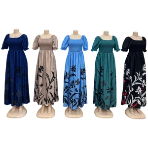 Wholesale New Muslim Women Robe Printed Abaya Square Collar Short Sleeve Loose Dress