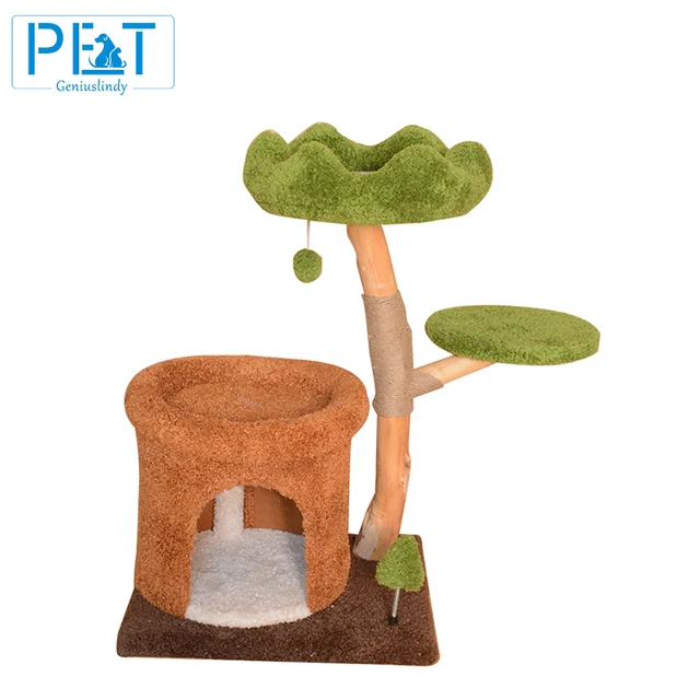 Eco-Friendly Large Cat Tree Tower Natural Wood with Jute Scratching Post Cloud Velvet Sisal Wool Paper Materials Cat Condo Condo
