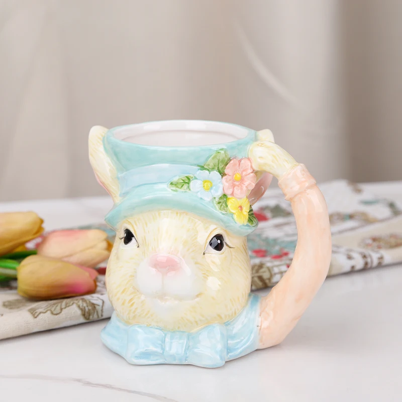 Redeco Creative Rabbit Shaped Ceramic Mug 3D Animal Design Decorative Drinkware Easter Bunny Coffee Ceramic Mug Custom Cup
