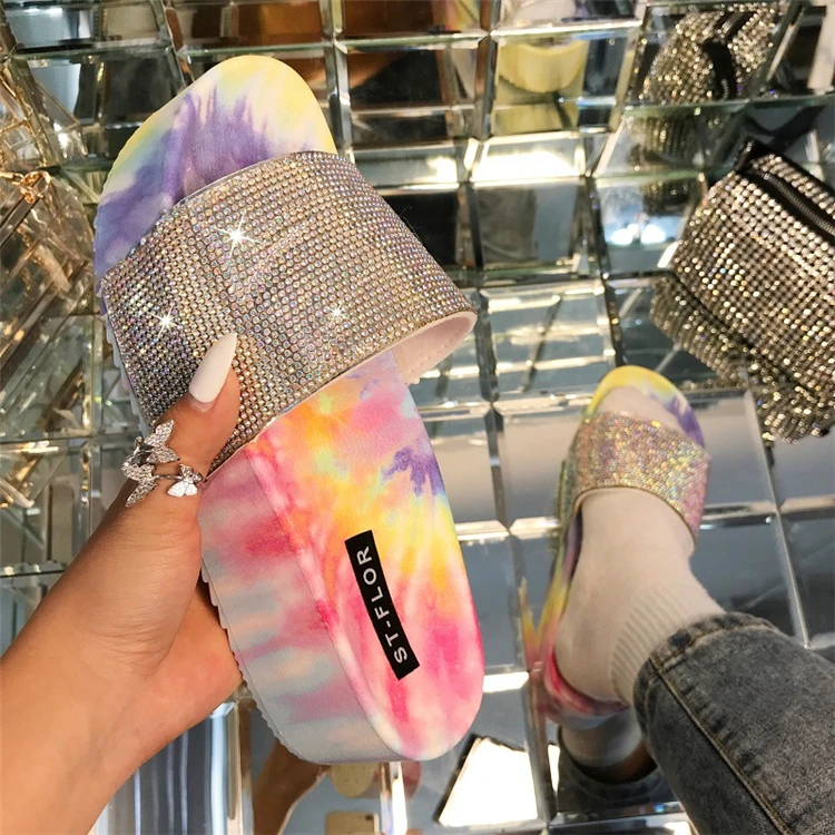 Women footwear platform diamond tie dye sandals women wedge outdoor platform slippers for women