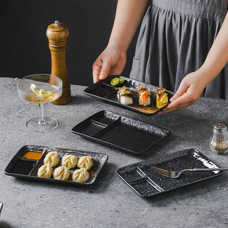 Rectangular 3 Compartment Divided Melamine Sushi Plate with Sauce Dipping for Japanese Restaurant