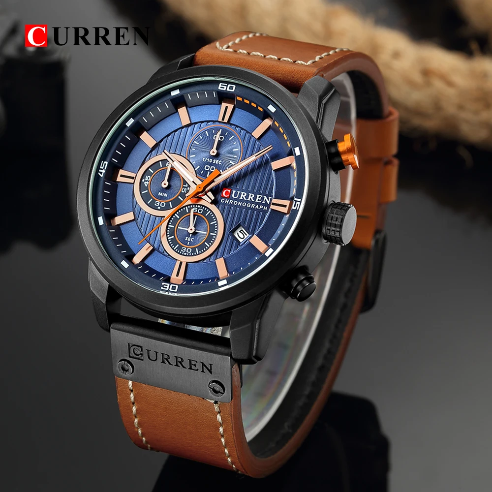 Curren 8291 Quartz Watch Men Leather Strap Sport Casual Watch Multifunction Dial Wristwatch Waterproof Date Watch for Male