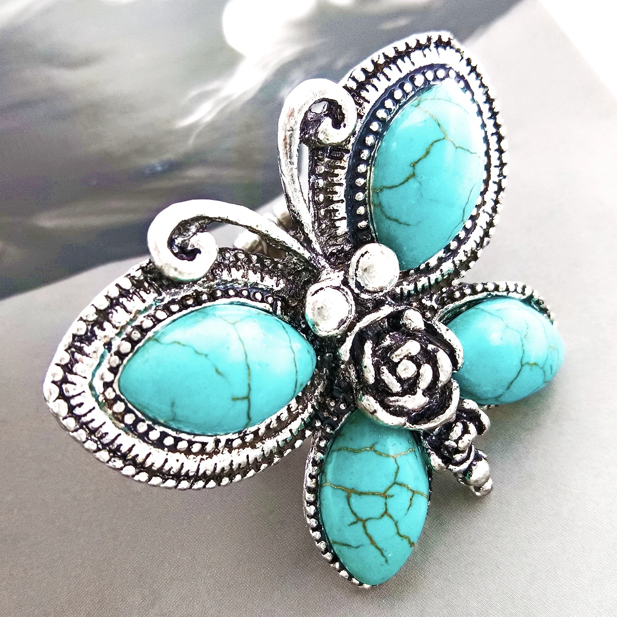 product new fashion custom vintage butterfly geometric shell turquoise natural stone elastic ring for women742-6