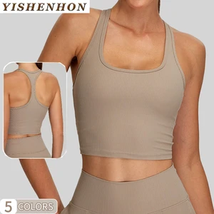YISHENHON Women's Sports Bras Striped Knitted Threaded Yoga Bra Halter I-shaped Back Tight Running Fitness Vest for Workout