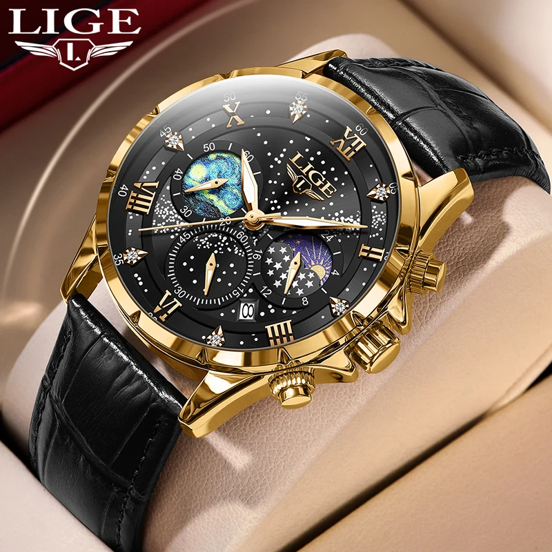 LIGE LG89107 muestra cielo estrellado Dial lujo cuero oro hombres reloj  moda negocios cuarzo reloj impermeable luminoso reloj de pulsera