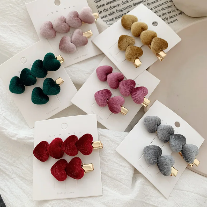 Оптовая продажа модные аксессуары для волос набор металлических заколок с бархатными сердечками украшения