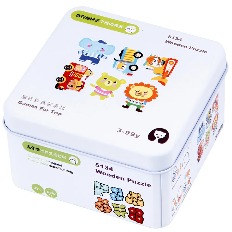 Multifunction Kids Interactive Games Cartoon Educational Wooden Iron Box Toys Wooden Building Blocks Puzzle Toys For Child