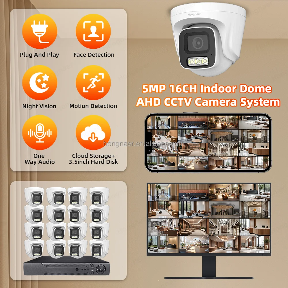Hongnaer 5MP Home AHD Coaxial Audio Video Monitor Surveil Security Camera Kit System Analog DVR 16 Channel CCTV Camera System