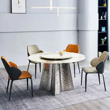 Modern furniture luxury stainless steel base two layers dining room round dining table with 4 chair