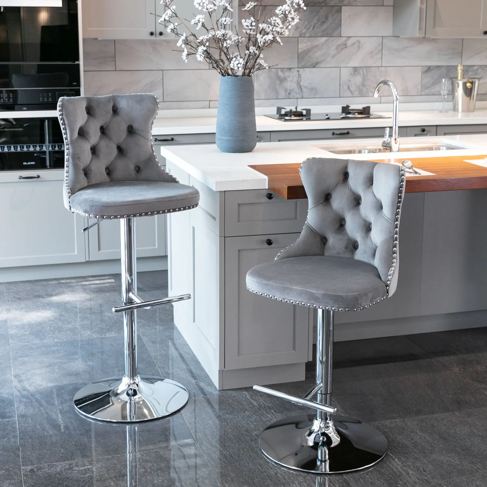 Modern Gray Bar Stools Set of Comfortable Tufted Chrome Base Upholstered  Back for Home Pub Kitchen Island Outdoor Hotel Use