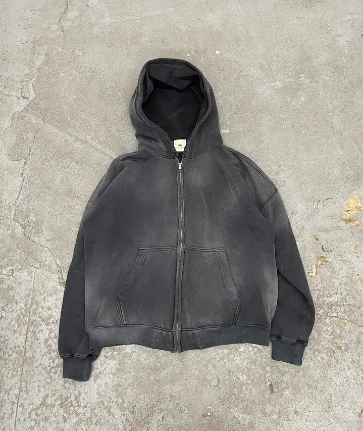 Custom Zipper Hoodie Jacket Cotton French Terry Sweatshirts Blank Full Zip up Vintage Acid Wash Distressed Hoodies for Men gallery 13