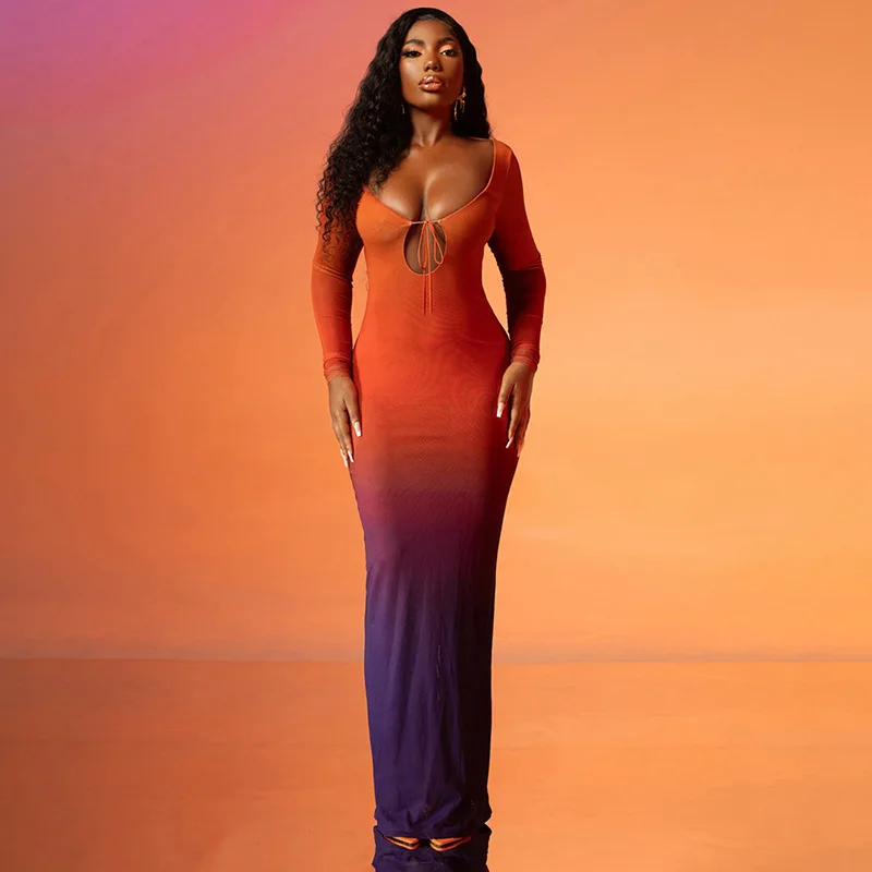 Fashion Maxi Dress Gradient Print Long Sleeve Tight Fitting Dress Backless Sexy Bodycon Dress for Women Fashion Maxi Dress Gradient Print Long Sleeve Tight Fitting Dress Backless Sexy Bodycon Dress for Women