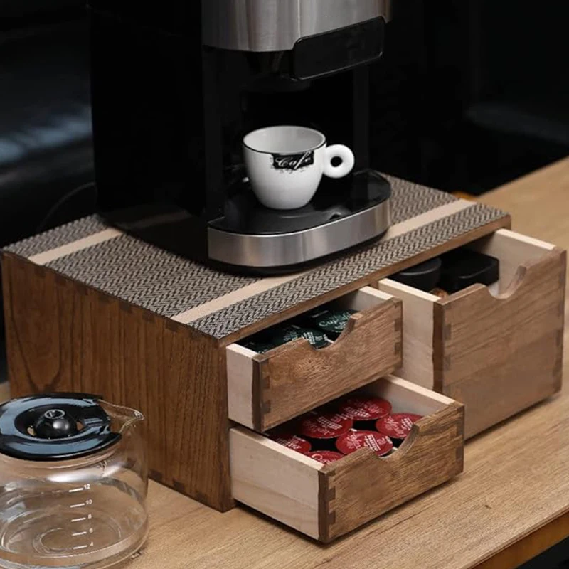 Tinamo Kaffeepads-Organizer Aus Akazienholz – 2 Schubladen, Für K-Cups, Teebeutel, Mit Ablage Für Kaffeemaschine