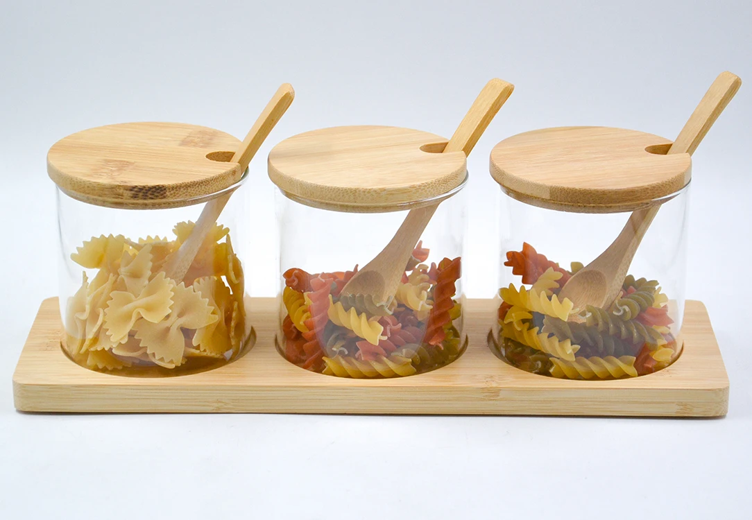 3 Piece Small Round Glass Storage Jar with Bamboo Spoons