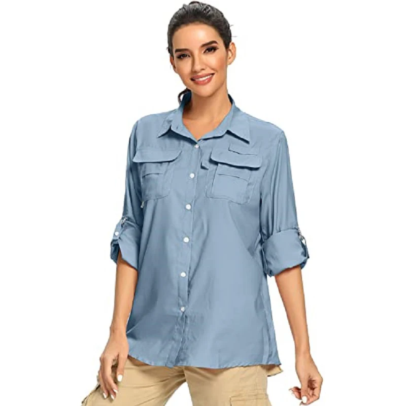 Ladies Women UPF 50+ Sun Protection Outdoor Long Sleeve Shirt Quick Dry Ventilation Lightweight Glasses Fabric Fishing Shirt