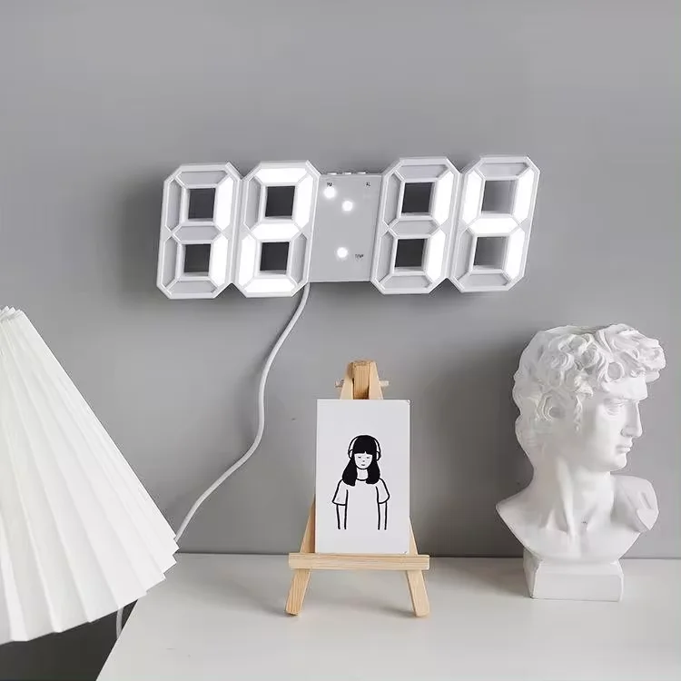 Modern Digital 3D White LED Wall Alarm Clock Table Alarm Nightlight Wall Clock for Home Living Room Decoration