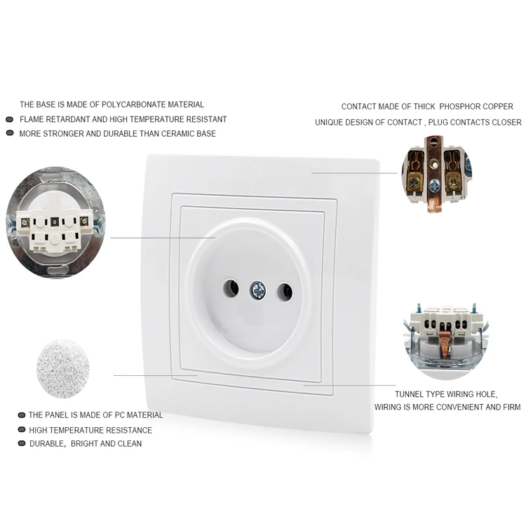 European Standard 2 Pin Plug Socket Outlet 220V 16A PC Panel Copper Quality Home Electric Wall Socket