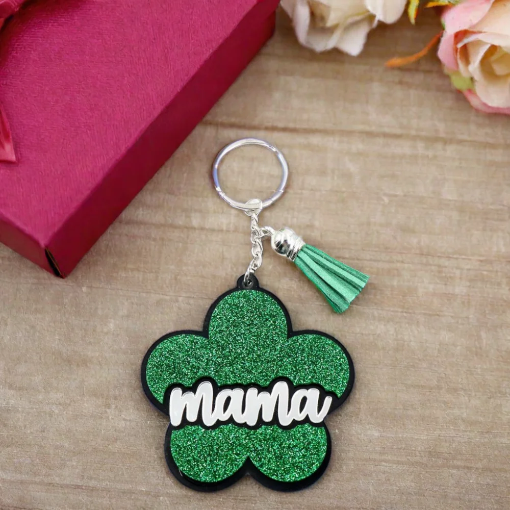 HYLKH1336 Green Scallion Powder Keychain Handmade Acrylic Mama Flower Coin Holder UV Printed Iron Unique Coin Holder Keychain factory