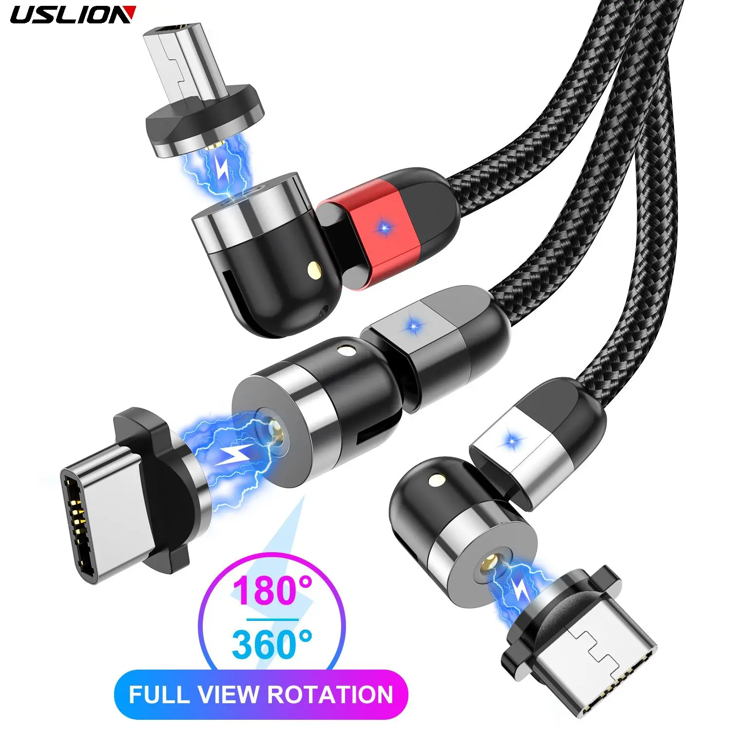 USLION 1M 540 Degree Rotating 3 in 1 USB Magnetic Charging Cable Type C Fast Charging Cable Micro USB Mobile Phone
