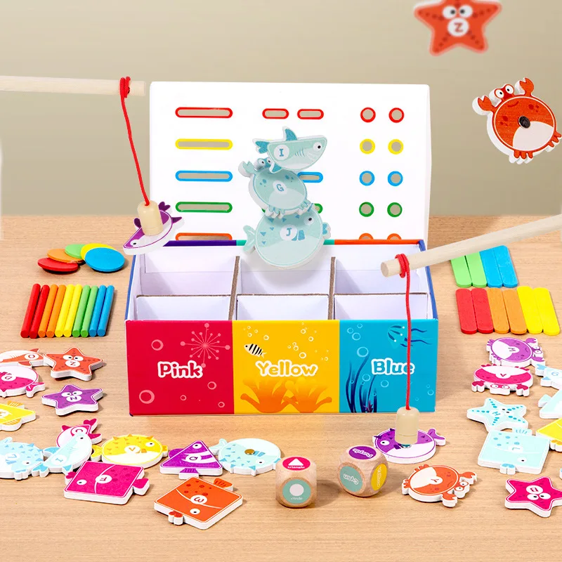 Holz-Angelspiel für Kinder Montessori Farb- und Formenerkennung Sortierbox Feinmotorik Lernspielzeug für Kinder