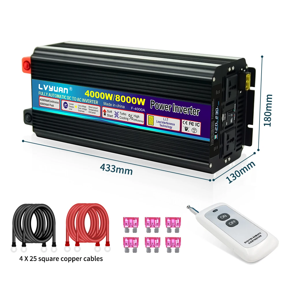4000W Car Power Inverter – 12V DC To 110V AC Converter With Battery Clips For Road Trips & Emergencies