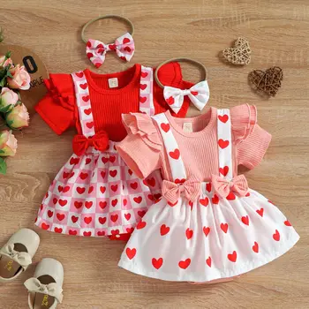 Europe and America Infants Baby Girls Flying Sleeves Love Bow One-piece Dress Suit Baby Girls Jumpsuit Set