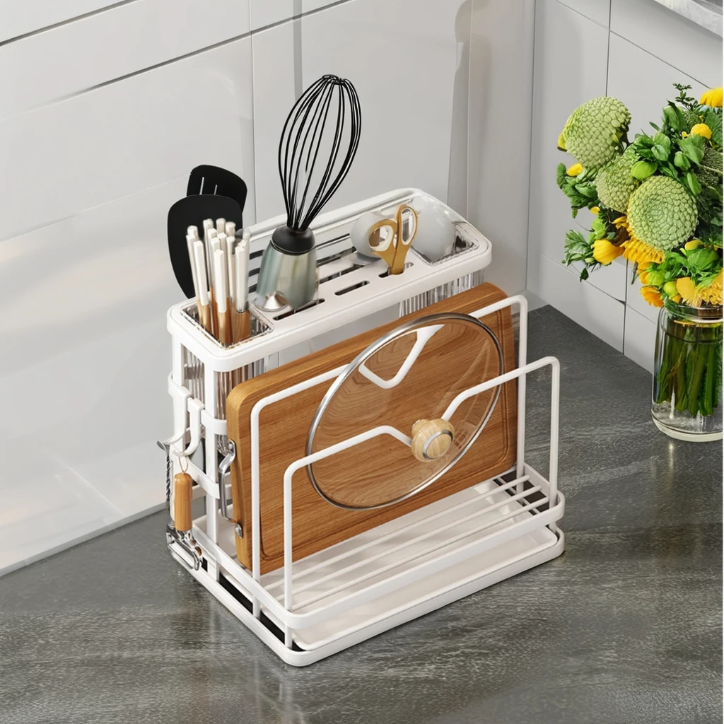 Multi-Functional Integrated Knife Holder Box Pot Lid Cutting Board Standing Type Kitchen Storage Rack Wash Drain Household Metal
