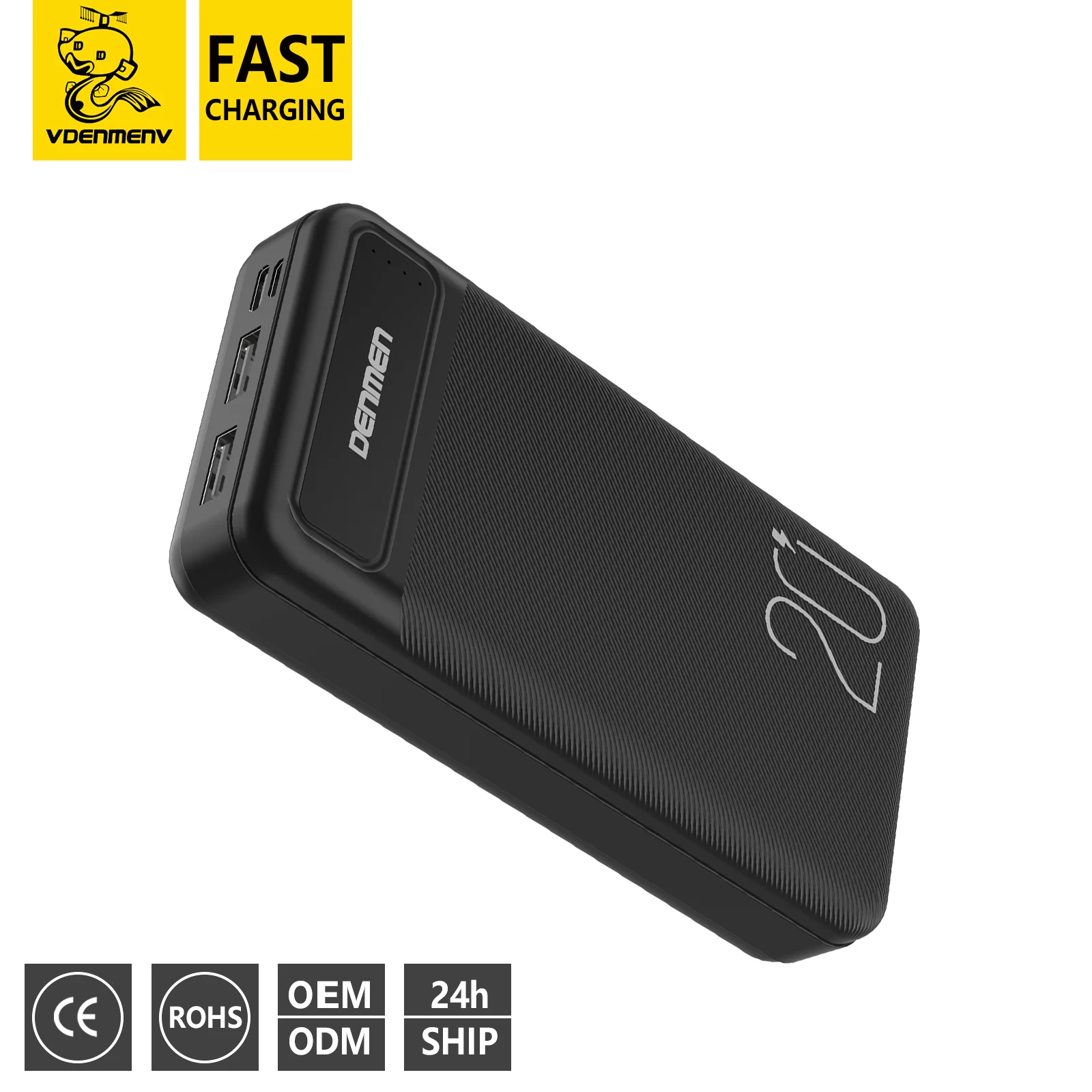 DENMEN Factory Price Customized 20000mah Power Bank High Capacity ABS PC Fireproof  CE Safety Protection Portable Power Bank