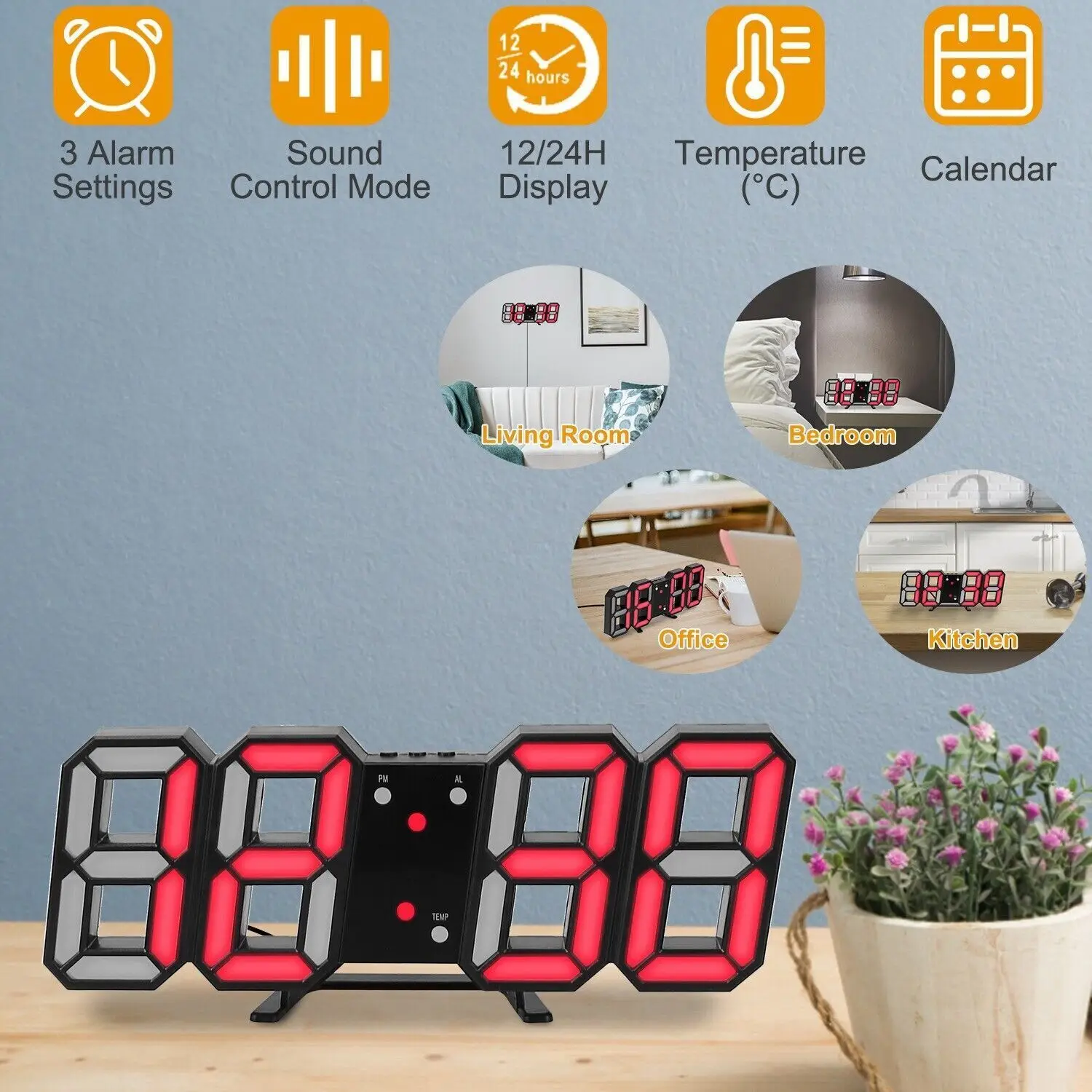 Decoration Living Room 3D LED Digital Clock Wall Deco Glowing Night Mode Adjustable Electronic Table Clock Wall Clock
