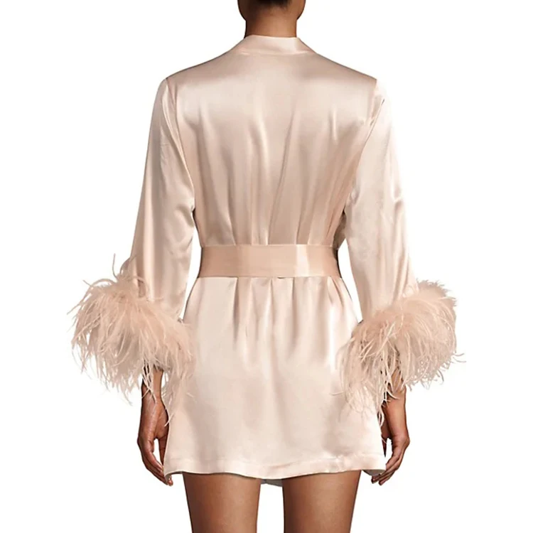 nighty designs Ladies Pajamas Bath Versache Robes Femme Pink Robes Feather Stretch Satin Silk Robe Women's Sleepwear