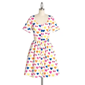 Sweet Girls Dress Colored Cute Heart Print 100% Cotton Comfortable Fabric Button up Dress Beauty Gathered Dresses for Women