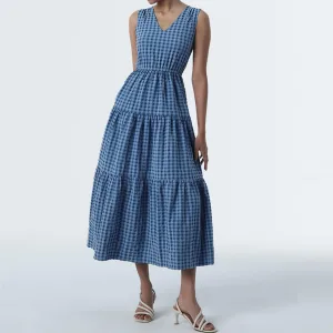 Women's New Design Sleeveless V-Neck Blue Checkered Gingham Tiered Maxi Dress Digital Printing Woven Washable Summer Fashion