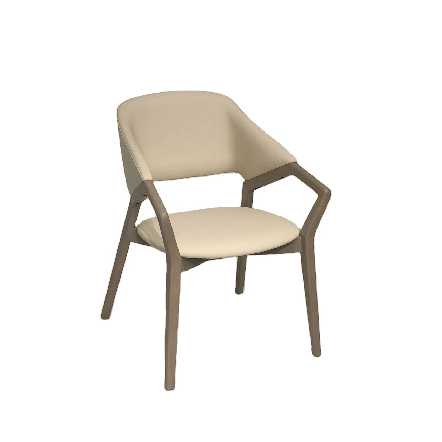 Nordic Modern Style Armrest Living Room Kitchen Restaurant Cafe Chair PU Leather Wooden Light Grey Dining Chair