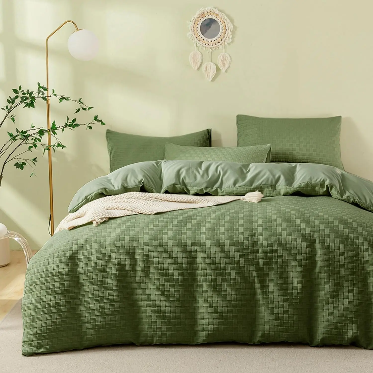 Queen Size Green Microfiber Duvet Cover Set 100% Cotton Bedding Waffle Weave for Home or Hotel